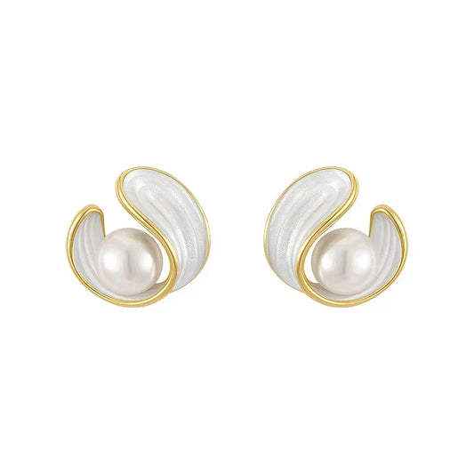 Gold Swirl Pearl Stud Earrings