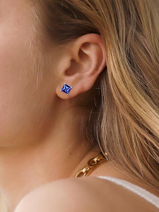 Minimalist Princess-Cut Sapphire Stud Earrings | White Gold