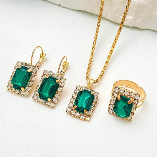 Gold Emerald Rectangular Jewelry Set