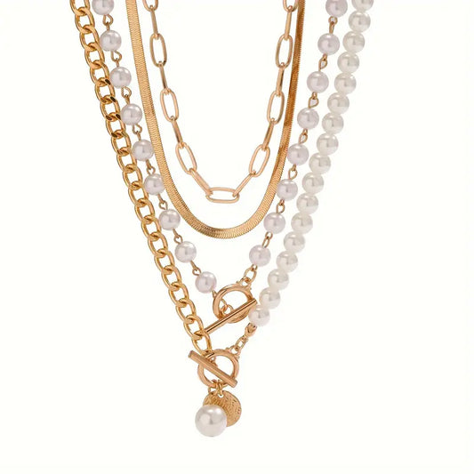 Vintage Pearl & Gold Serpent Chain Necklace Set | Gold