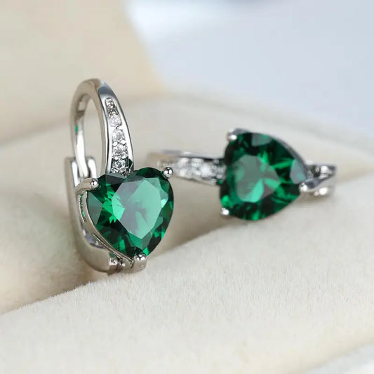 Silver Emerald Heart Hoops