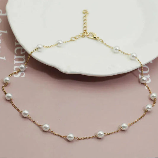 Gold Spaced Pearl Chain Necklace