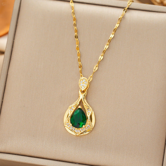 Gold Emerald Drop Pendant Necklace