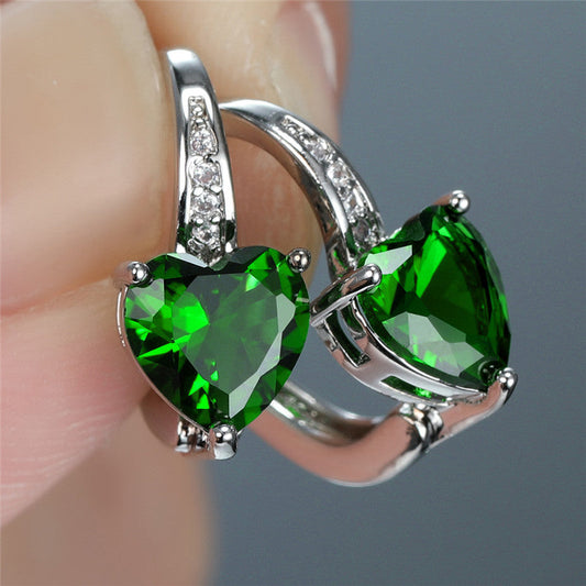 Silver Emerald Heart Hoops